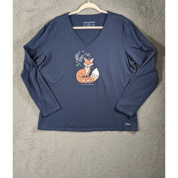 Life Is Good Tops - Life is Good Shirt XXL Crusher Long Sleeve T V Neck Fox Wildlife is Good Blue